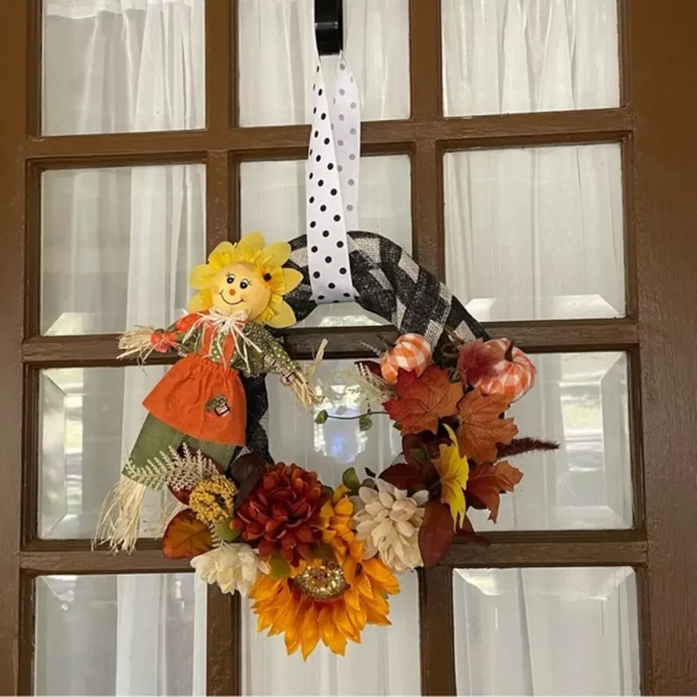 Handmade Buffalo Check Scarecrow Fall Wreath Sunflower Burlap